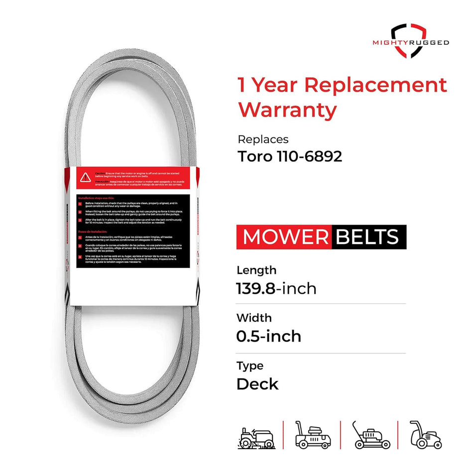 110-6892 Toro 50" Deck Belt — Fits Z5000 74370, Z5020 74372, Z5030 74373 | Aramid Cord