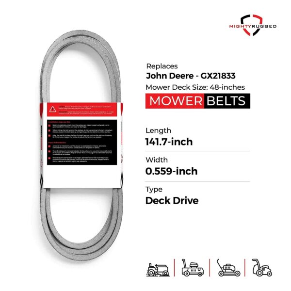GX21833, GX20571 John Deere Mower Deck Belt Replacement - Belt Length 141.7" - Heavy-Duty, Durable, Aramid Cord John Deere Mower Belt for 48 inch Deck for Z255, 100, L100, LA100, X100 Series Mower GX21833, GX20571 John Deere Mower Deck Belt Replacement - Belt Length 141.7" - Heavy-Duty, Durable, Aramid Cord John Deere Mower Belt for 48 inch Deck for Z255, 100, L100, LA100, X100 Series Mower - Image 2