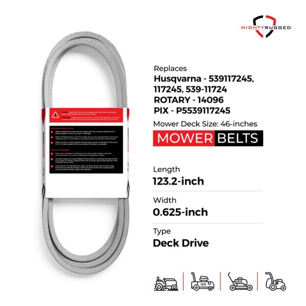 Husqvarna OEM Replacement Belt 539117245 5/8x123, FITS Models: Husqvarna LSZ 4622, LSZ 5422, LSZ 5424, RZ 4219, RZ 4619, RZ 4620, RZ 4621, RZ 4623, RZ 5422 and RZ 5424 mowers with 46" Deck - Image 2