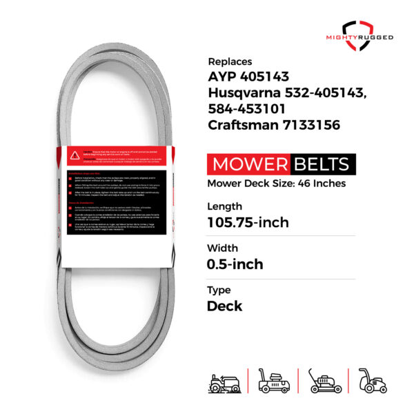 532405143, 405143 Belt Replacement for Craftsman 46 Inch Mower Deck Belt - Belt Length 105 3/4" - Heavy-Duty, Durable, Aramid Cord Deck Belt for Husqvarna YTH22V46, YTH21K46 Deck Belt - Image 2