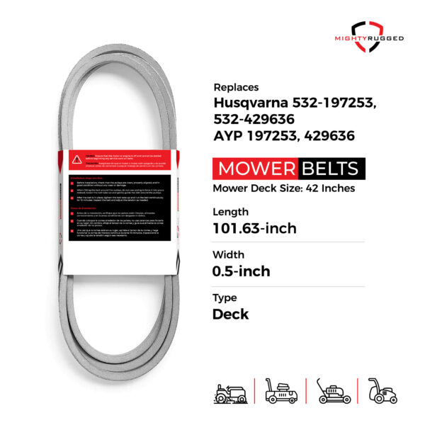 197253, 429636 Mower Belt Replacement for 42" Deck - Belt Length 101.63" - Heavy-Duty, Durable, Aramid Cord Deck Belt for Craftsman Husqvarna Ariens Lawn Mower Models - Image 2